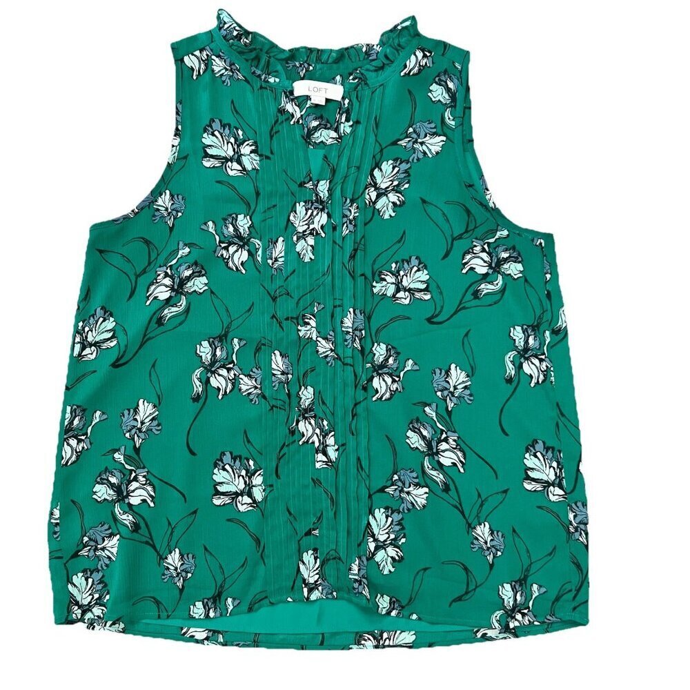 LOFT Women’s Pintucked Ruffle V Neck Sleeveless Blouse Top Green Size Medium